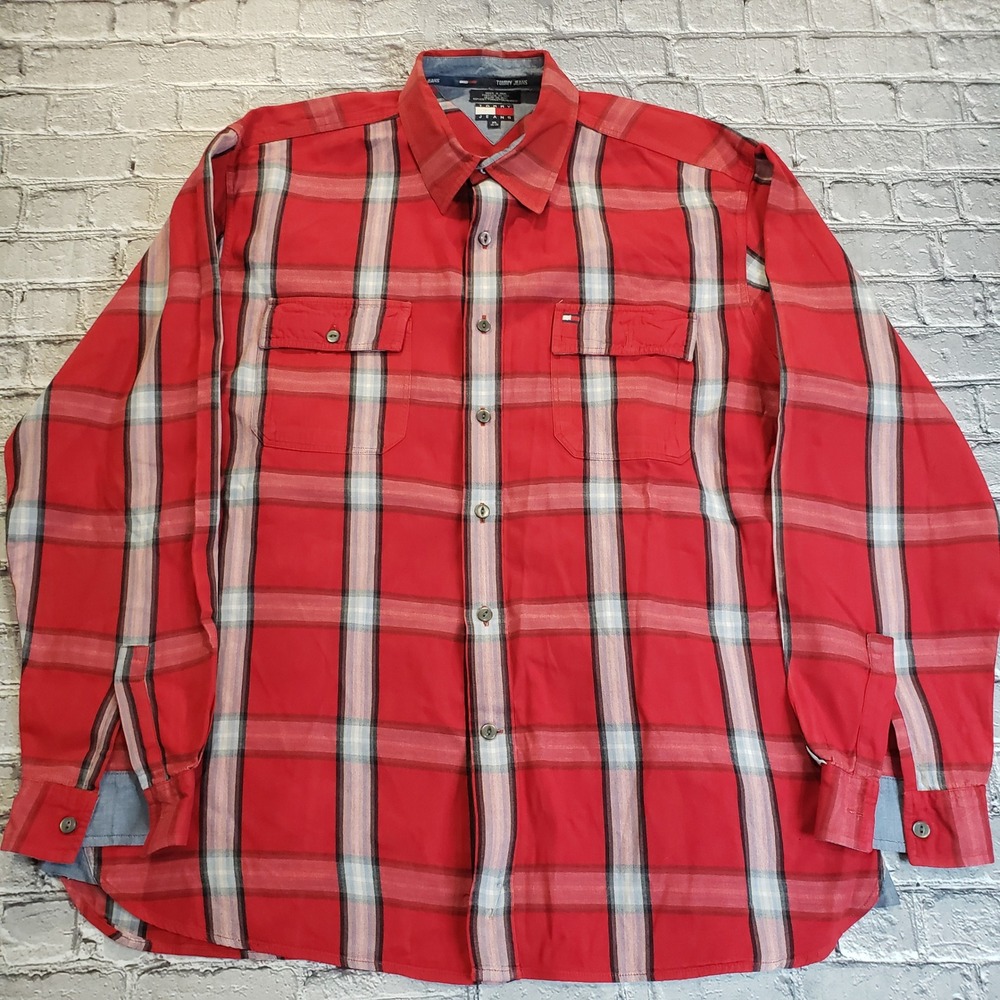 Tommy Jeans Mens XL Red Plaid Button Down Shirt Long Sleeve Cotton Flannel Style